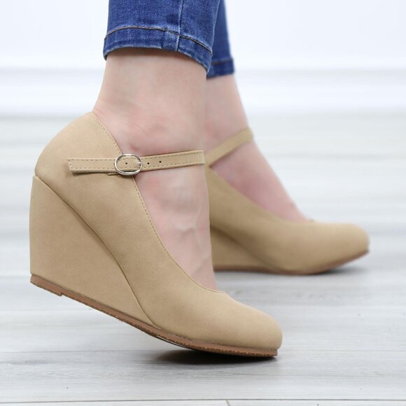 Shoes - Faux Nubuck Leather Low Wedge Classy Heel
